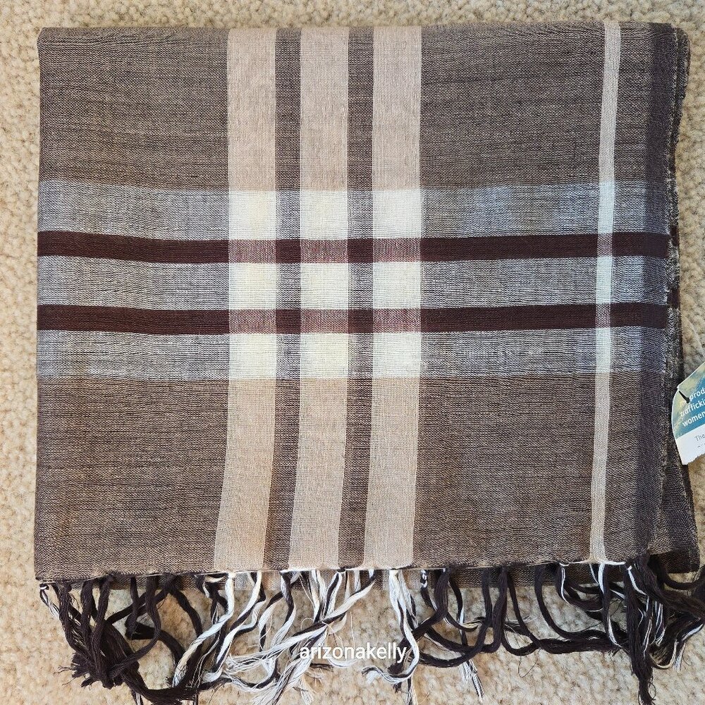 NWT Wool/Cotton Blend Lightweight Scarf Brown Tan Plaid Freeset Fabric - Picture 1 of 16